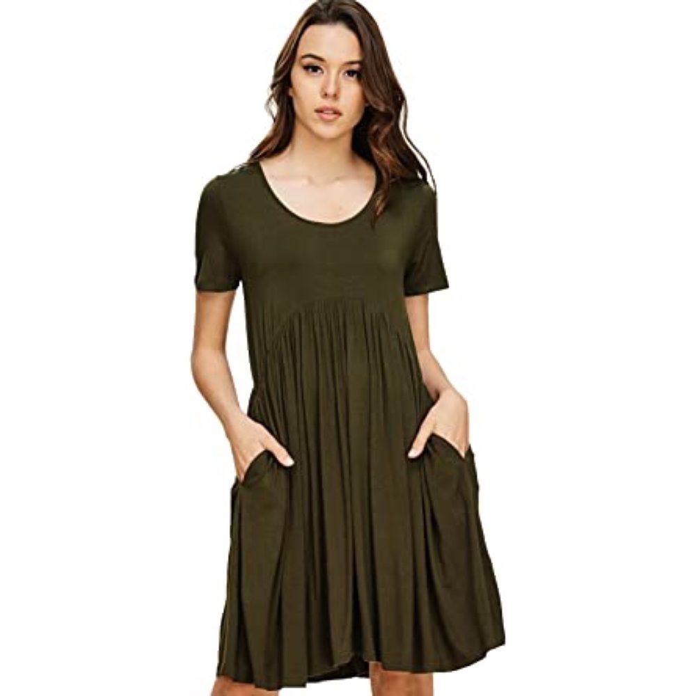 Annabelle Women's Comfy Scoop Neck Short Sleeve Front Pleated Empire Waist Dress